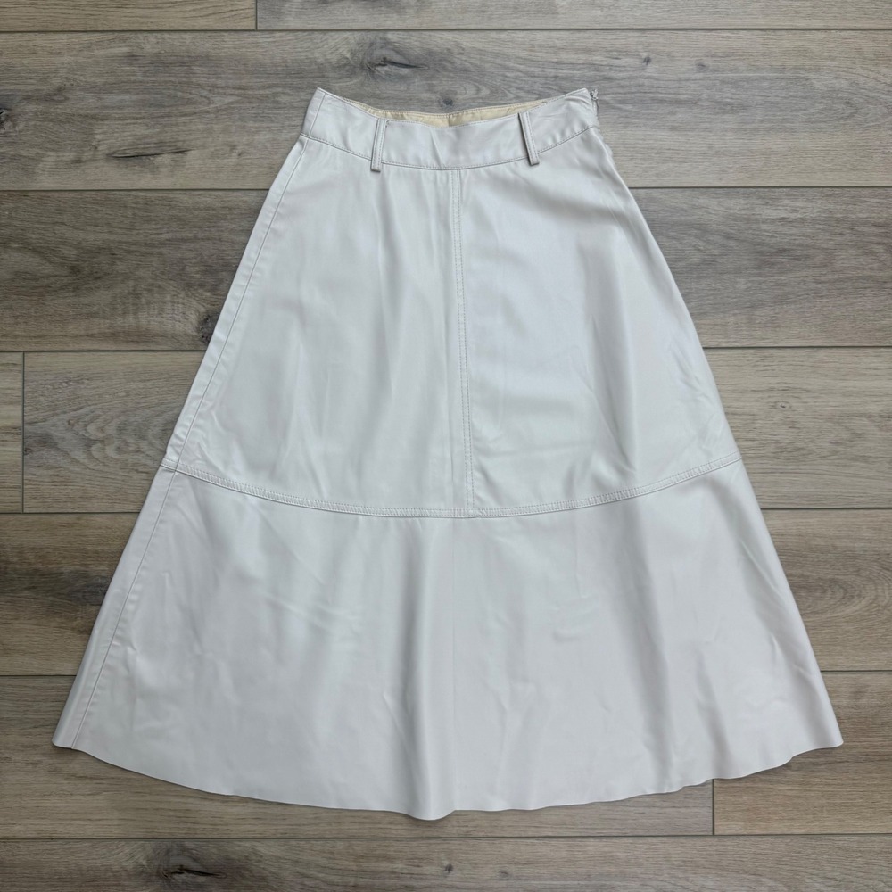 Zara Faux Leather Cream A-Line Midi Skirt High Waisted Side Zip XS